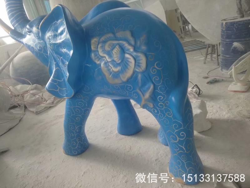 玻璃鋼大象雕塑 深藍色雕花大象動(dòng)物雕塑3