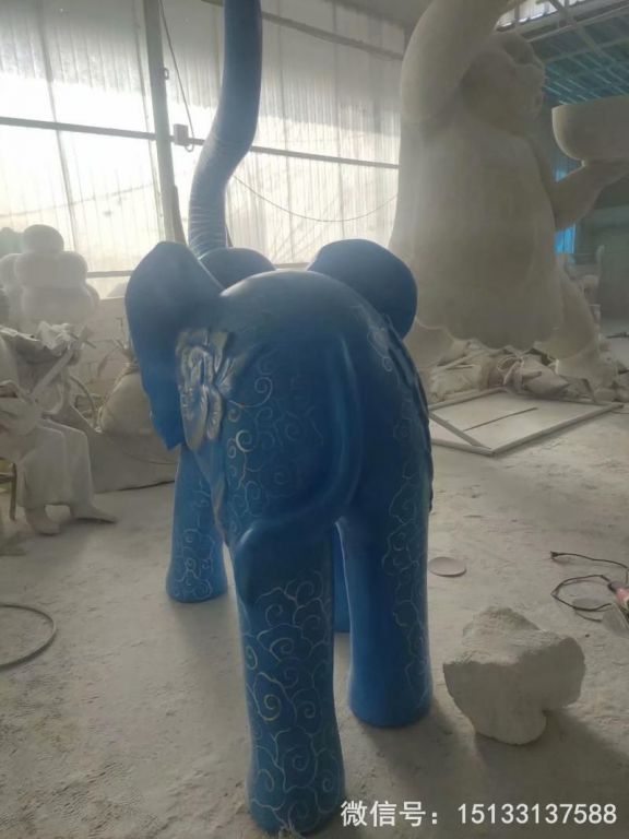玻璃鋼大象雕塑 深藍色雕花大象動(dòng)物雕塑4